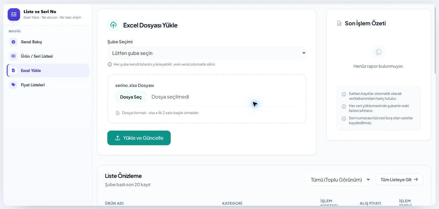 Şube kapsamlı Excel aktarımı ve doğrulama özeti bulunan cihaz ve seri numarası listesi modülü.