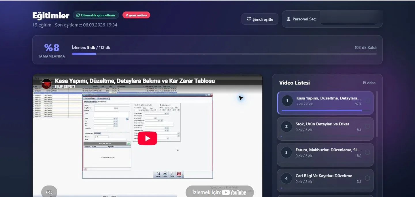 Eşitlenen video eğitimlerini, tamamlanma ilerlemesini ve sıralı ders listesini gösteren personel eğitim ekranı.