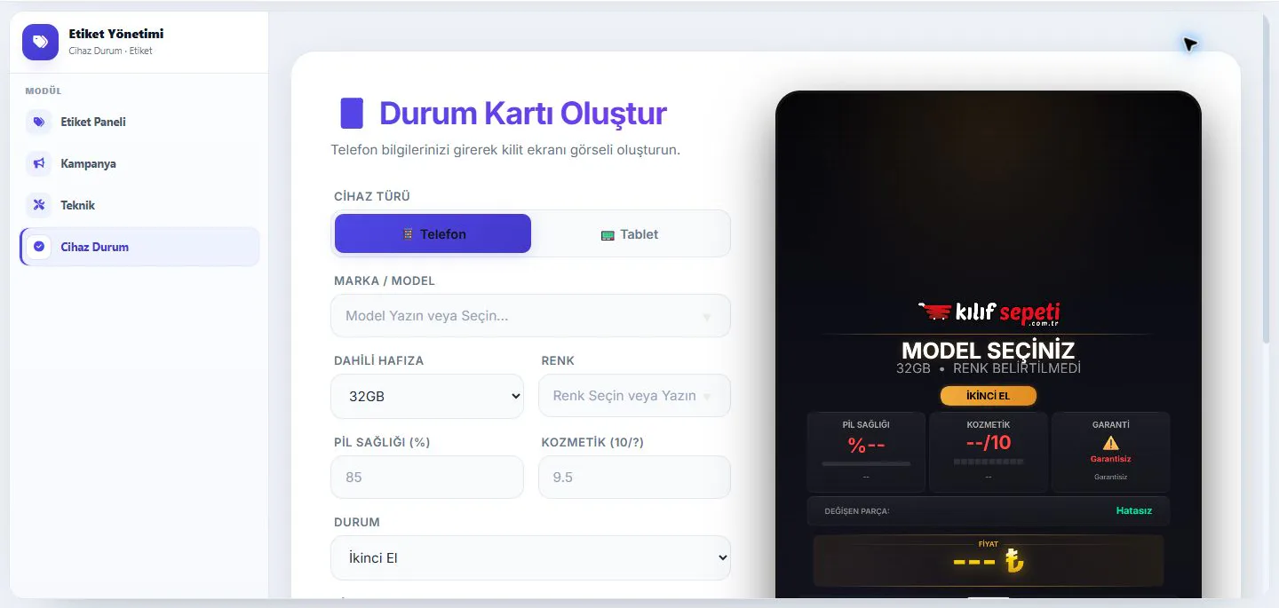 Telefon bilgileri ve canlı markalı kilit ekranı önizlemesi bulunan cihaz durum kartı oluşturucu.