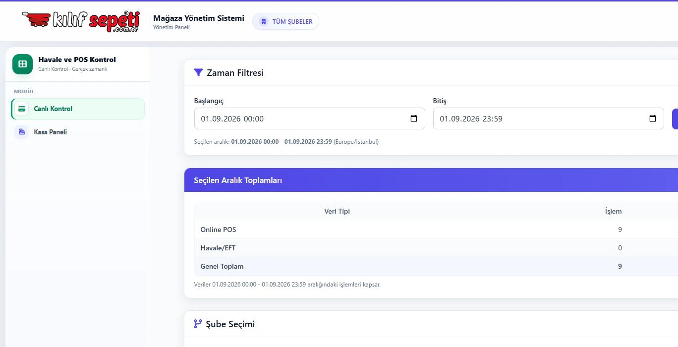 Zaman aralığı filtresi ve işlem toplamlarını gösteren havale ve online POS kontrol modülü.