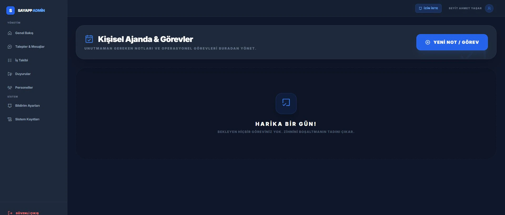 SAYAPP kişisel ajanda ve operasyonel görev takip arayüzü.